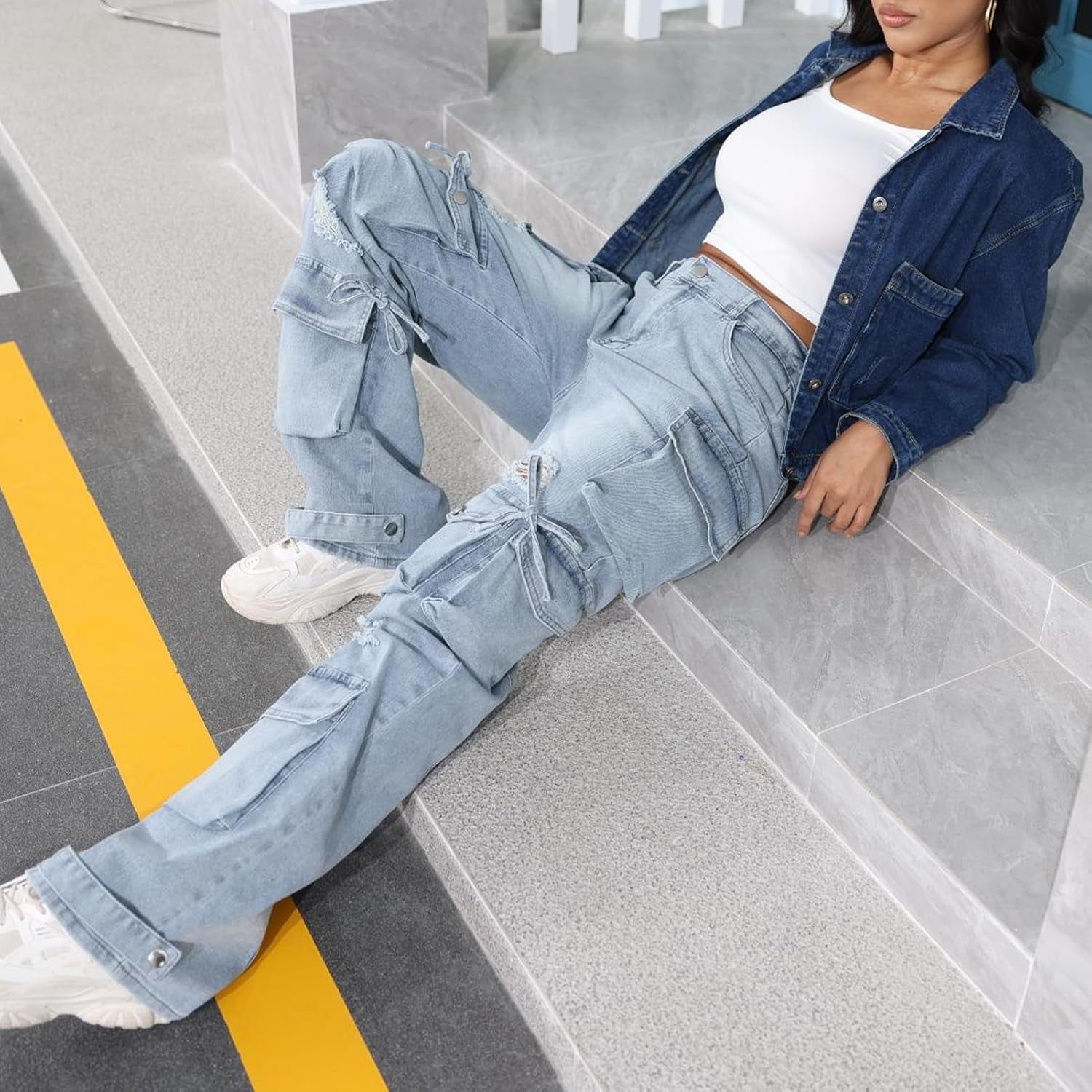 Women'S High Waist Baggy Jeans Flap Pocket Cargo Pants Loose Denim Pants Streetwear