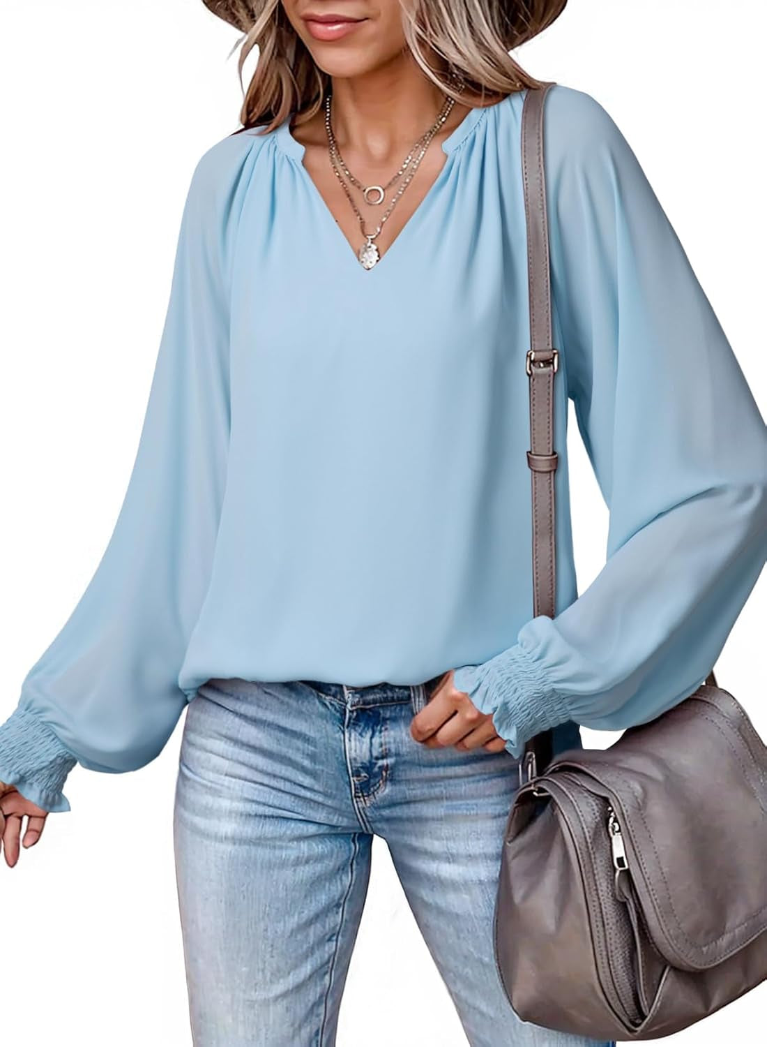 Womens Blouses Dressy Casual Flowy Boho Tops V Neck Long Sleeve Shirts