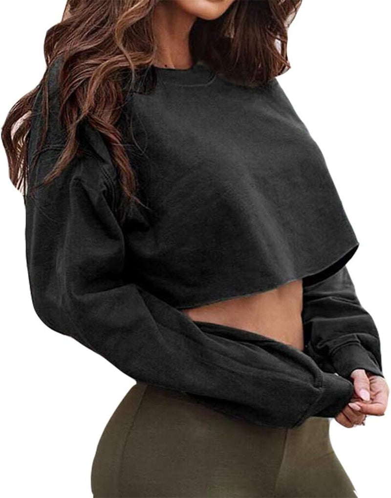 Women'S Crewneck Long Sleeve Crop Tops Workout Casual Pullover Loose Sweatshirts