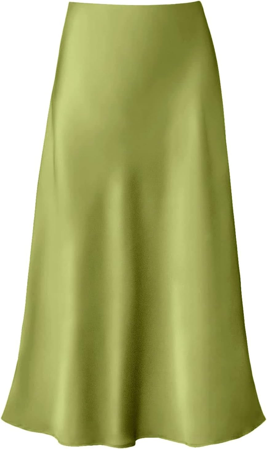 Women'S Satin High Waist Hidden Elasticized Waistband Flared Casual a Line Midi Skirt