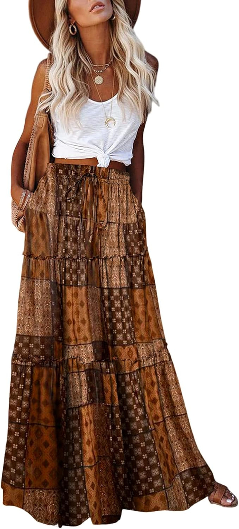 Womens Boho Maxi Skirt 2026 Summer Cruise Casual High Waist Tie Flowy Long Skirt with Pockets for Beach Vacation