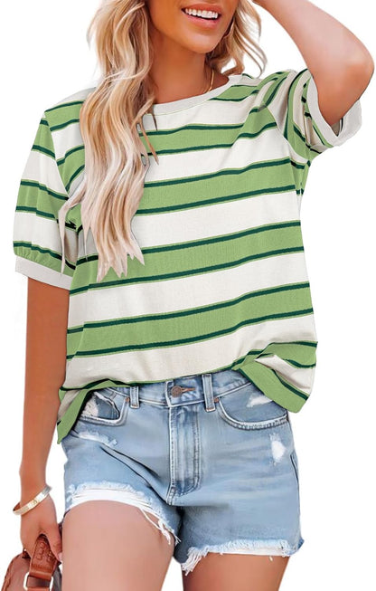 Womens Summer Tops 2025 Striped Color Block Short Sleeve T-Shirts Crewneck Casual Loose Basic Tee Blouses