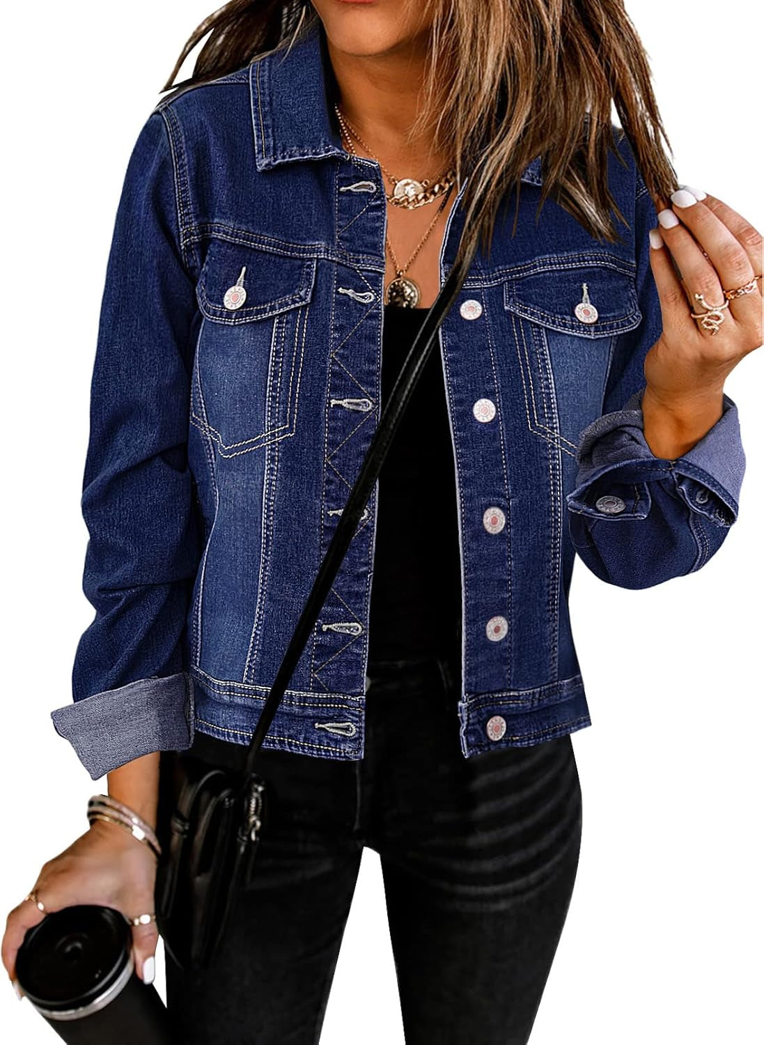Women'S Basic Button down Long Sleeve Stretchy Jean Trucker Denim Jacket