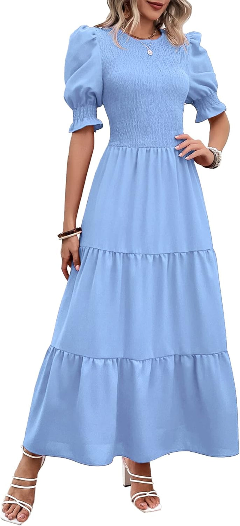 Women Casual Summer Dresses 2026 Spring Crew Neck Ruffle Short Sleeve Smocked Floral Boho Flowy Maxi Dress Clothes