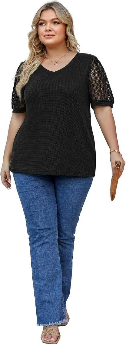 plus Size Tops for Women Summer Blouse Waffle Knit Short Lace Sleeve Shirts