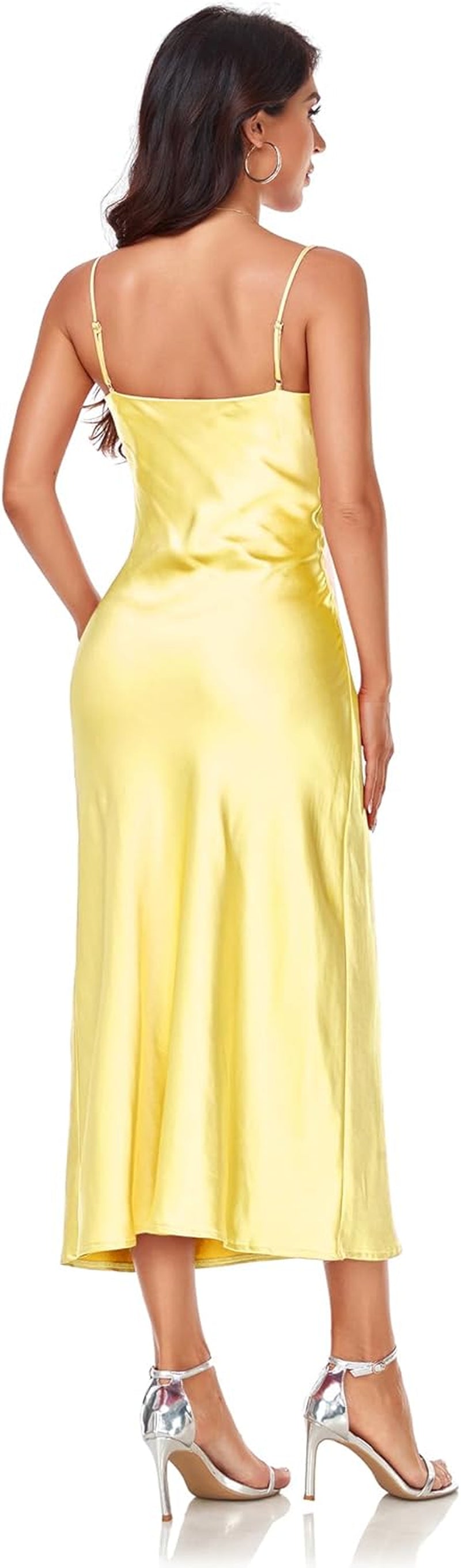 Women'S Spaghetti Strap Midi Satin Silk Dresses Slip Cowl Neck Party Cocktail Evening Sexy Dress
