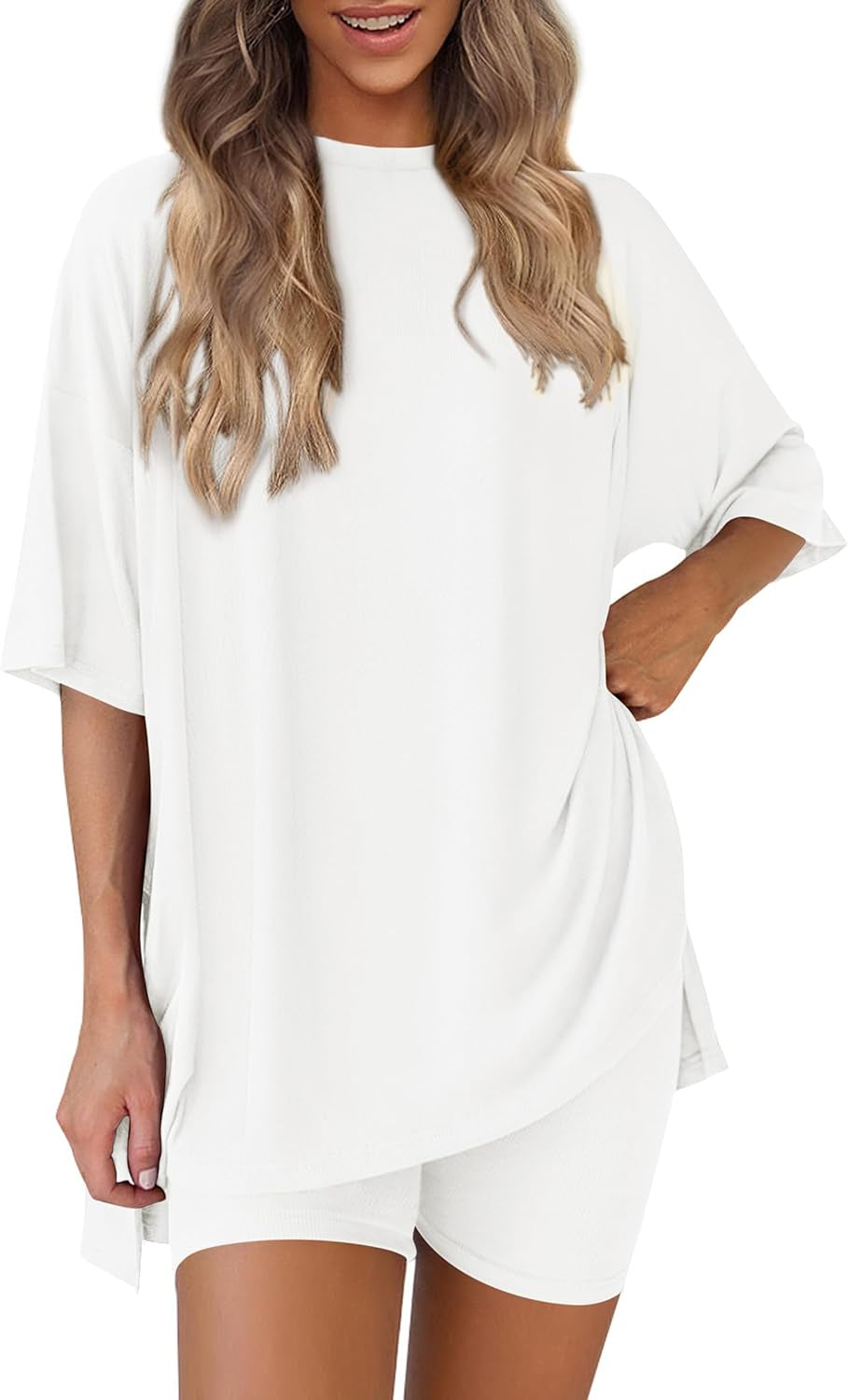 Women 2 Piece Lounge Set 2026 Summer Casual Oversized Shirts Biker Shorts Matching Airport Travel Outfit Clothes