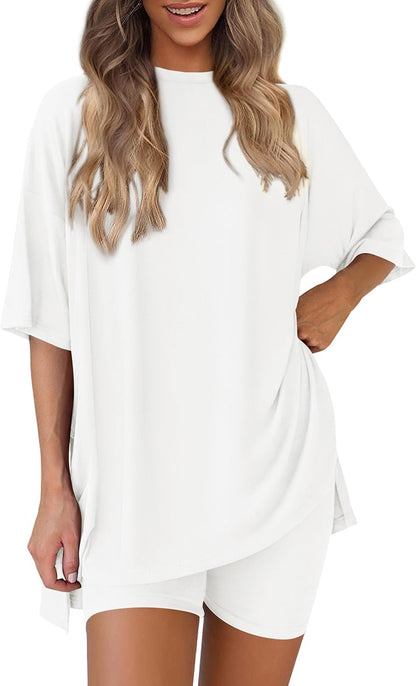 Women 2 Piece Lounge Set 2026 Summer Casual Oversized Shirts Biker Shorts Matching Airport Travel Outfit Clothes