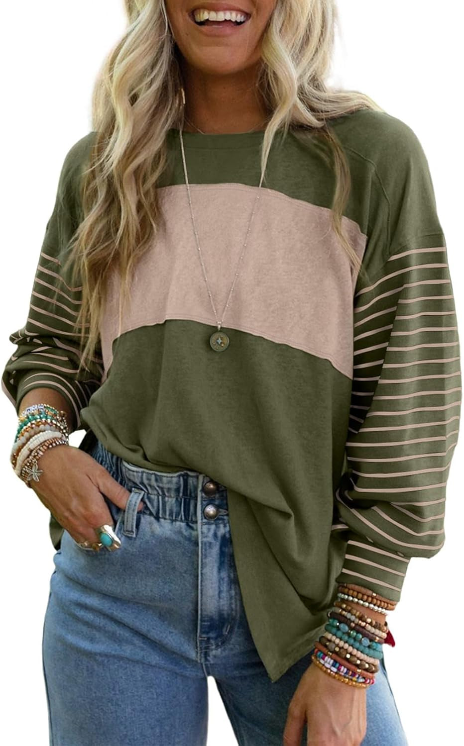 Long Sleeve Tops Oversized 2025 Trendy round Crew Neck Casual Color Block Womens Shirts Blouses