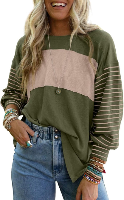 Long Sleeve Tops Oversized 2025 Trendy round Crew Neck Casual Color Block Womens Shirts Blouses