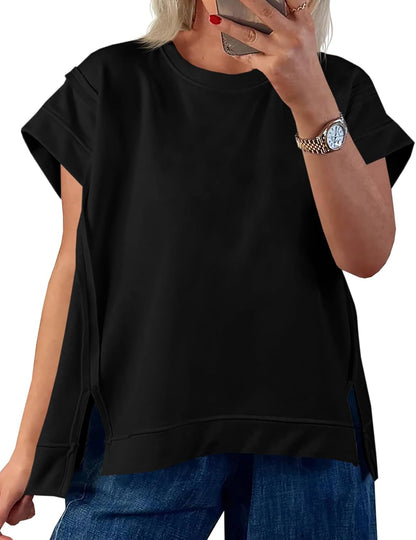 Womens Oversized Short Cap Sleeve T-Shirts Crew Neck Side Slit Tops Summer Casual Loose Fit Tees Tunic Shirts