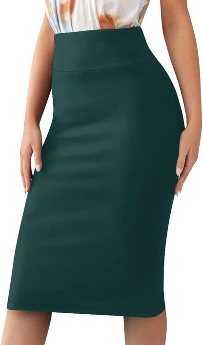 Women’S Basic Stretch Pencil Skirt- Regular & plus Size- below Knee Office Midi Bodycon Nylon Skirt Made in USA