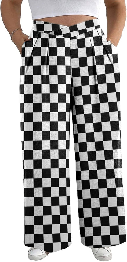 Womens plus Size Wide Leg Pants Crossover Waist Pleated Front Casual Work Pants Lounge Trouser with Pockets(1X-5X)