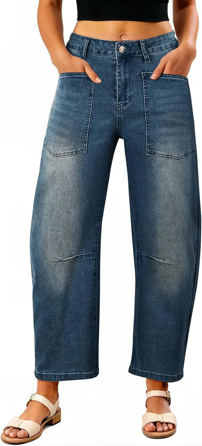 Womens Baggy Barrel Jeans High Waisted Wide Leg Boyfriend Denim Ankle Pants