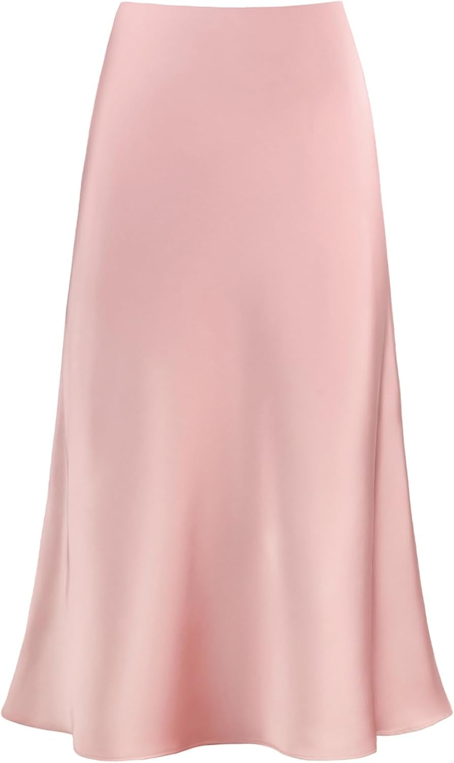 Women'S Satin High Waist Hidden Elasticized Waistband Flared Casual a Line Midi Skirt