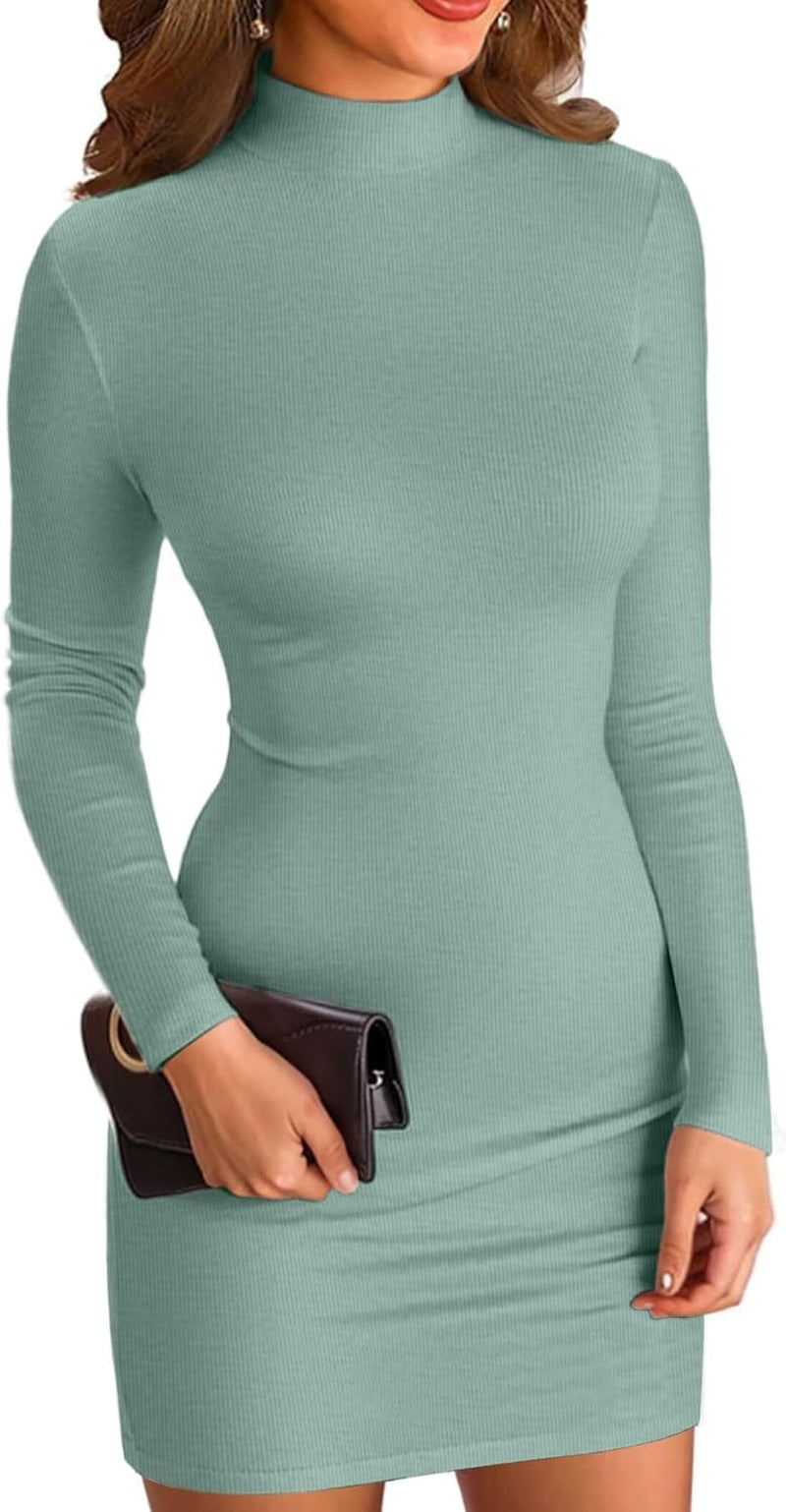 Women Mock Neck Ribbed Bodycon Dress Long Sleeve Mini Pencil Dresses