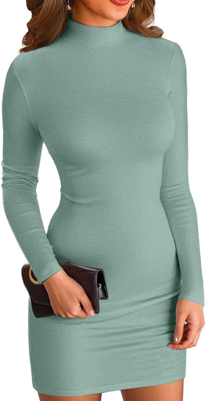 Women Mock Neck Ribbed Bodycon Dress Long Sleeve Mini Pencil Dresses
