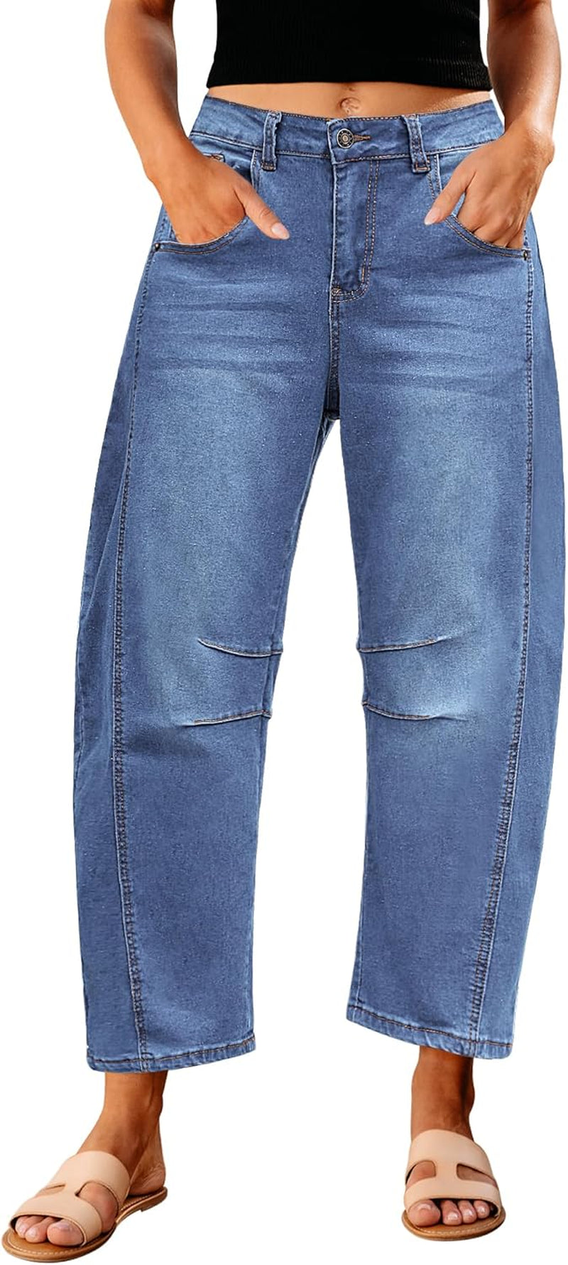 Barrel Jeans for Women Trendy High Waisted Wide Leg Baggy Cropped Relax Fit Stretch Denim Trouser Ankle Pants
