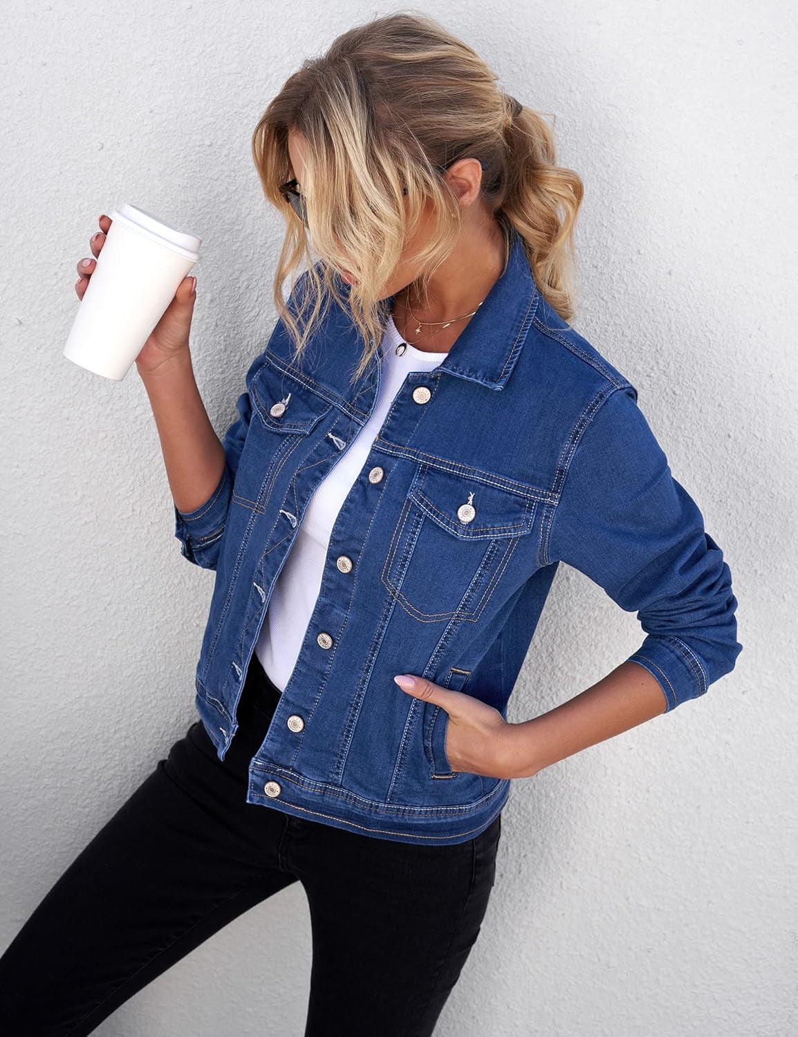 Women'S Basic Button down Long Sleeve Stretchy Jean Trucker Denim Jacket