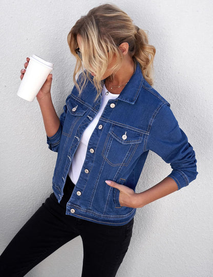 Women'S Basic Button down Long Sleeve Stretchy Jean Trucker Denim Jacket