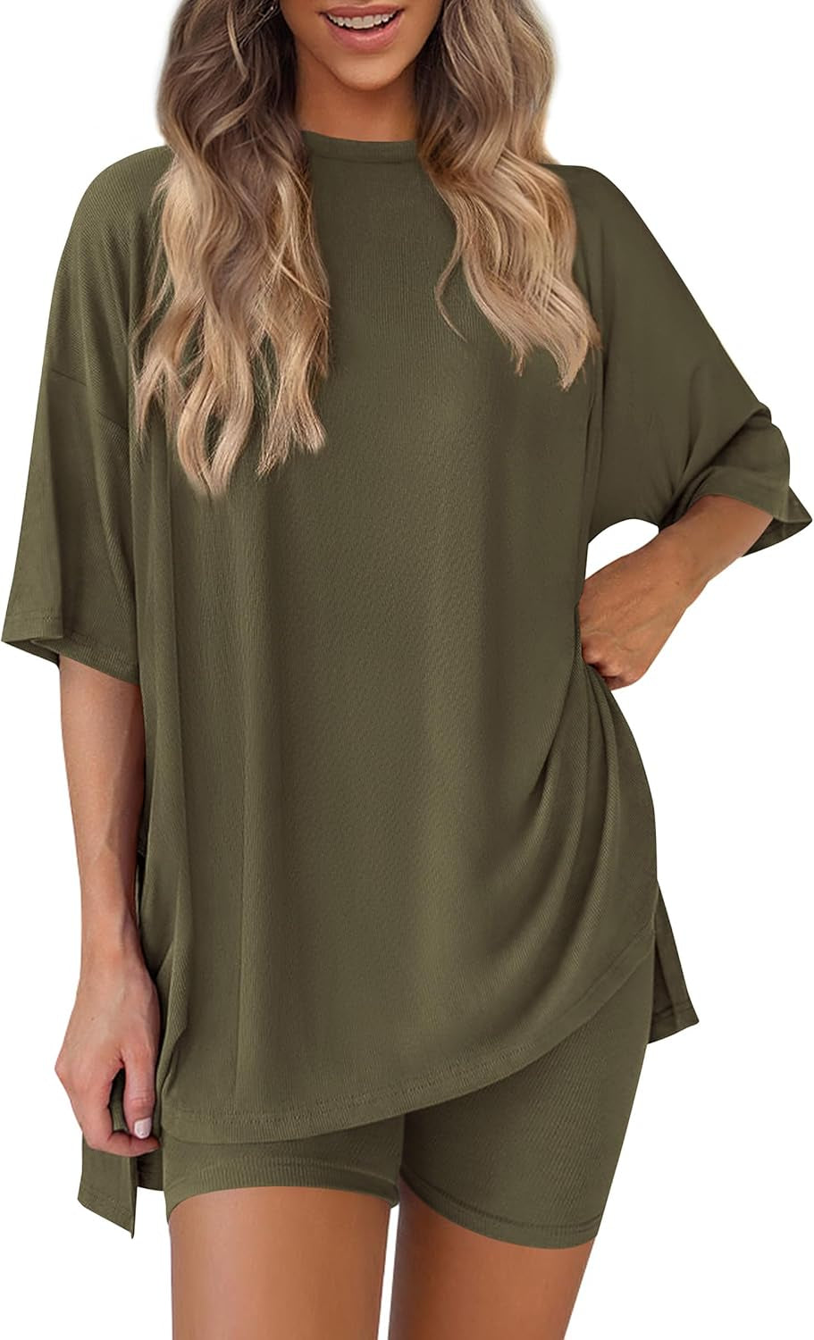 Women 2 Piece Lounge Set 2026 Summer Casual Oversized Shirts Biker Shorts Matching Airport Travel Outfit Clothes