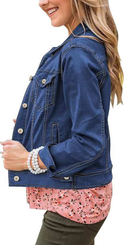 Women'S Basic Button down Long Sleeve Stretchy Jean Trucker Denim Jacket