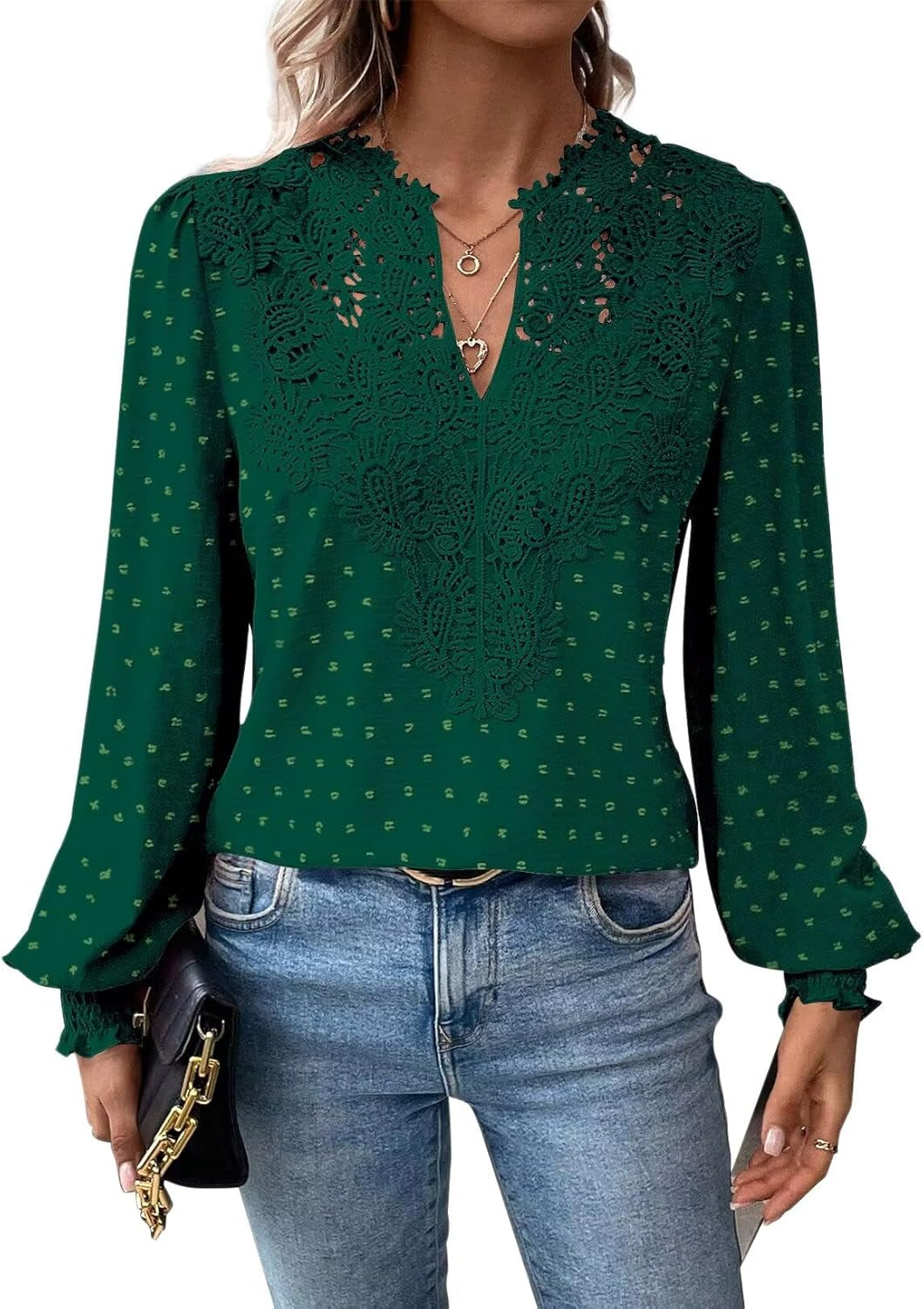 Womens Tops Swiss Dot Boho Long Sleeve Shirts V Neck Casual Chiffon Blouses Flowy Lace Hem Cute Clothing Trendy 2025