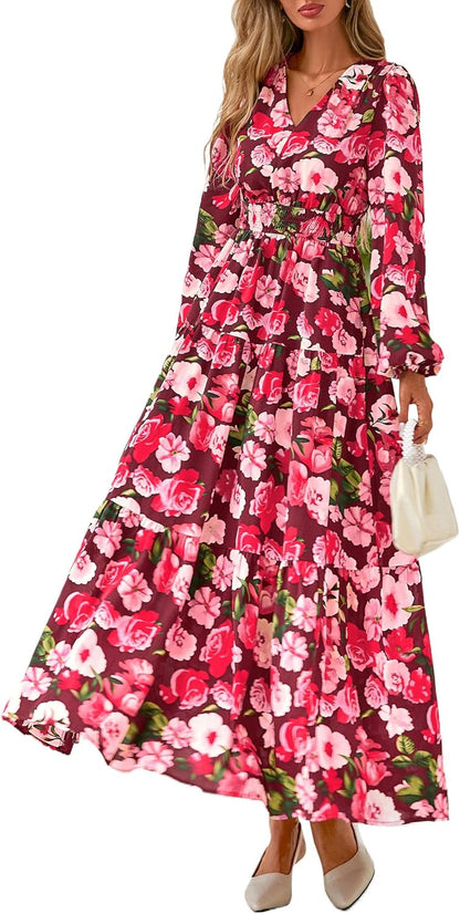 Long Sleeve Maxi Fall Dresses for Women 2026 Vneck Smocked Boho Floral Tiered Swing Flowy Wedding Guest Dress