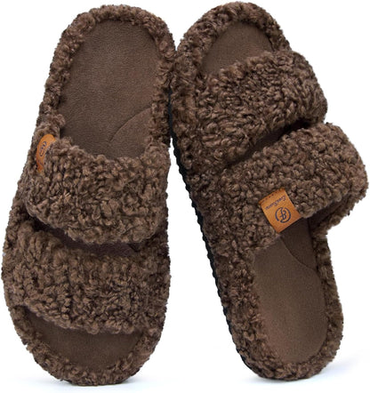 Womens Fuzzy Open-Toe Slippers Soft Comfy Memory Foam Indoor House Shoes