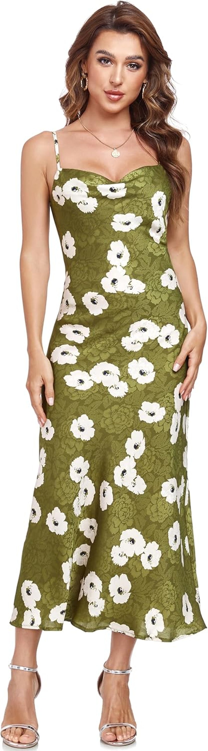 Women'S Spaghetti Strap Midi Satin Silk Dresses Slip Cowl Neck Party Cocktail Evening Sexy Dress