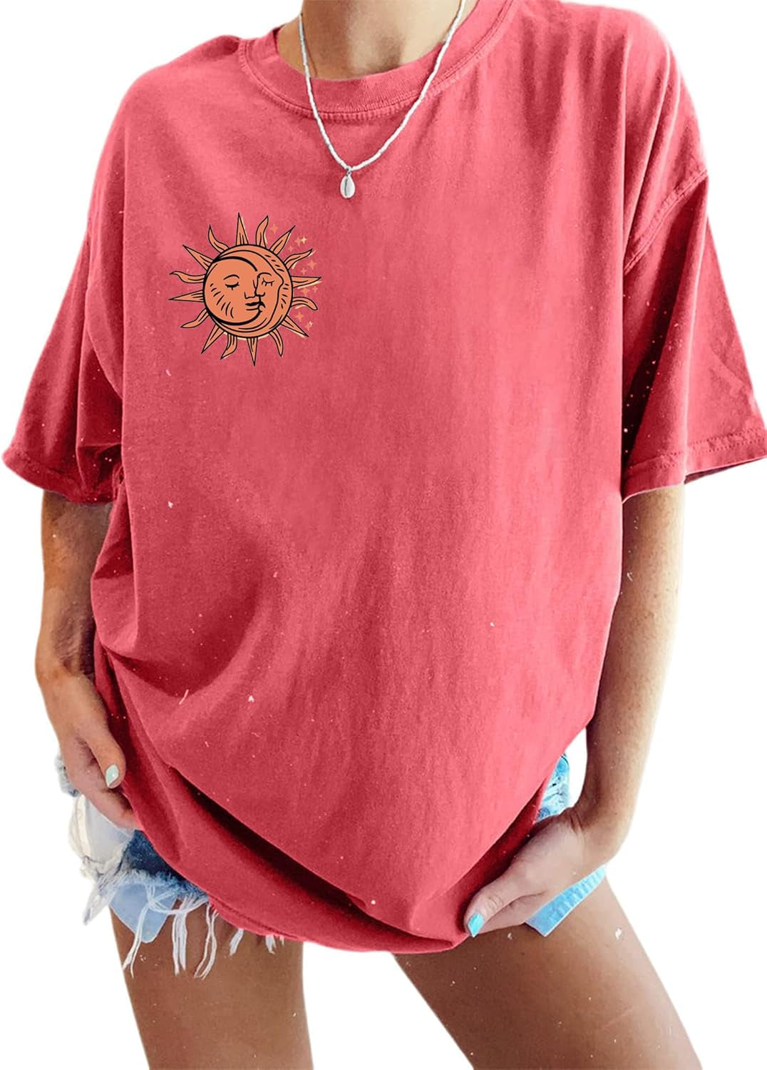 Women'S Casual Oversized T Shirt Short Sleeve Graphic Tee Letter Sun Moon Shirts