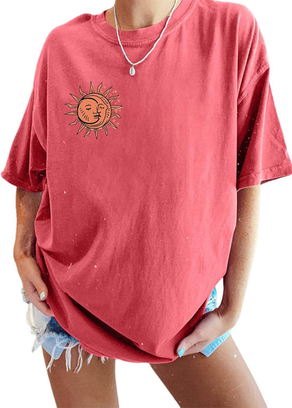 Women'S Casual Oversized T Shirt Short Sleeve Graphic Tee Letter Sun Moon Shirts