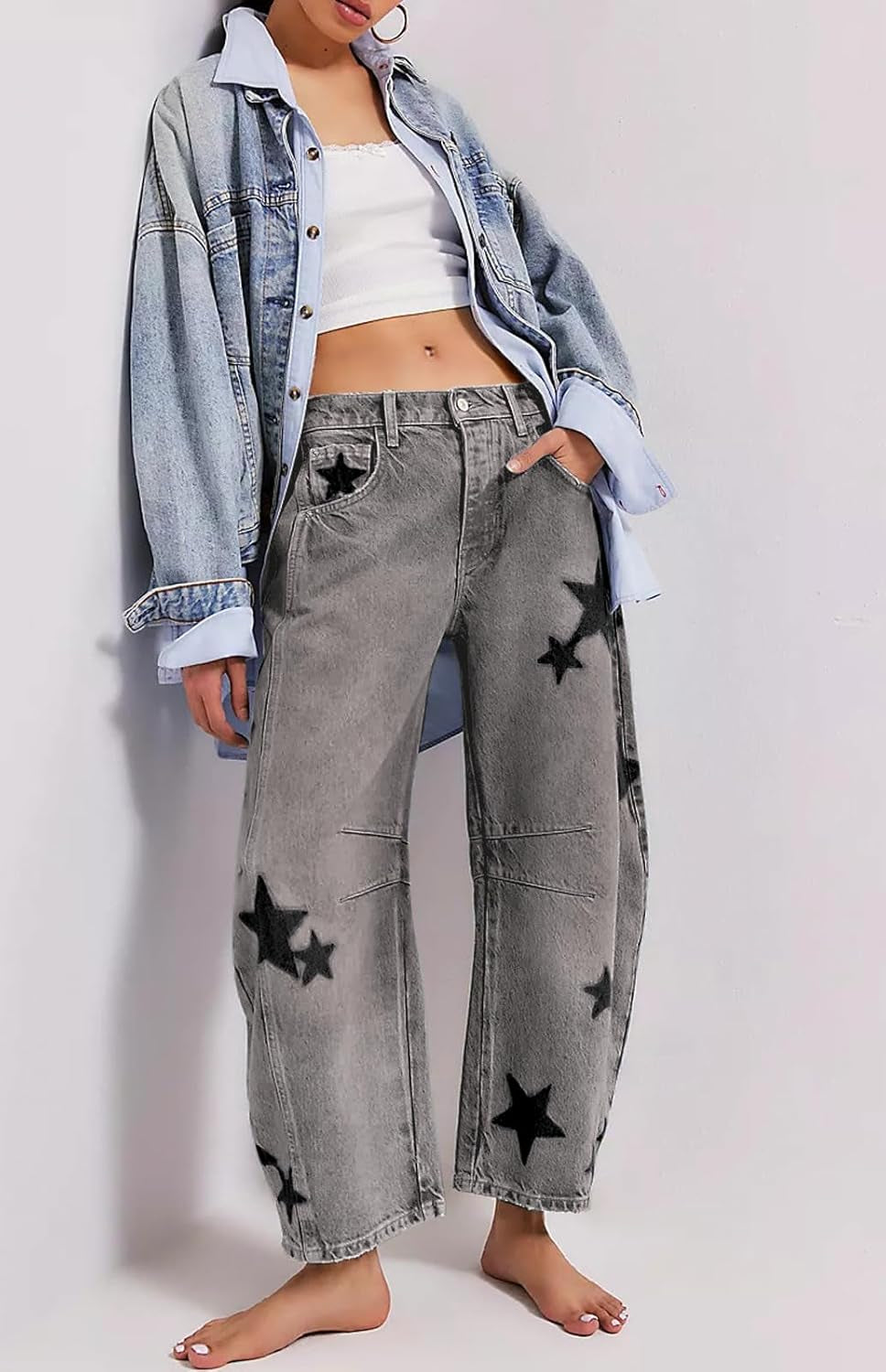 Y2K Barrel Jeans Women Wide Leg Baggy Distressed Printed Boyfriend Horseshoe Denim Pants