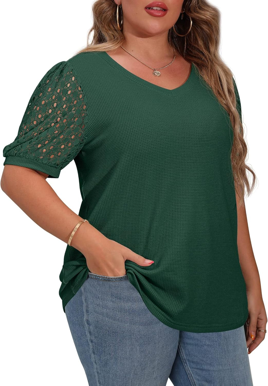 plus Size Tops for Women Summer Blouse Waffle Knit Short Lace Sleeve Shirts