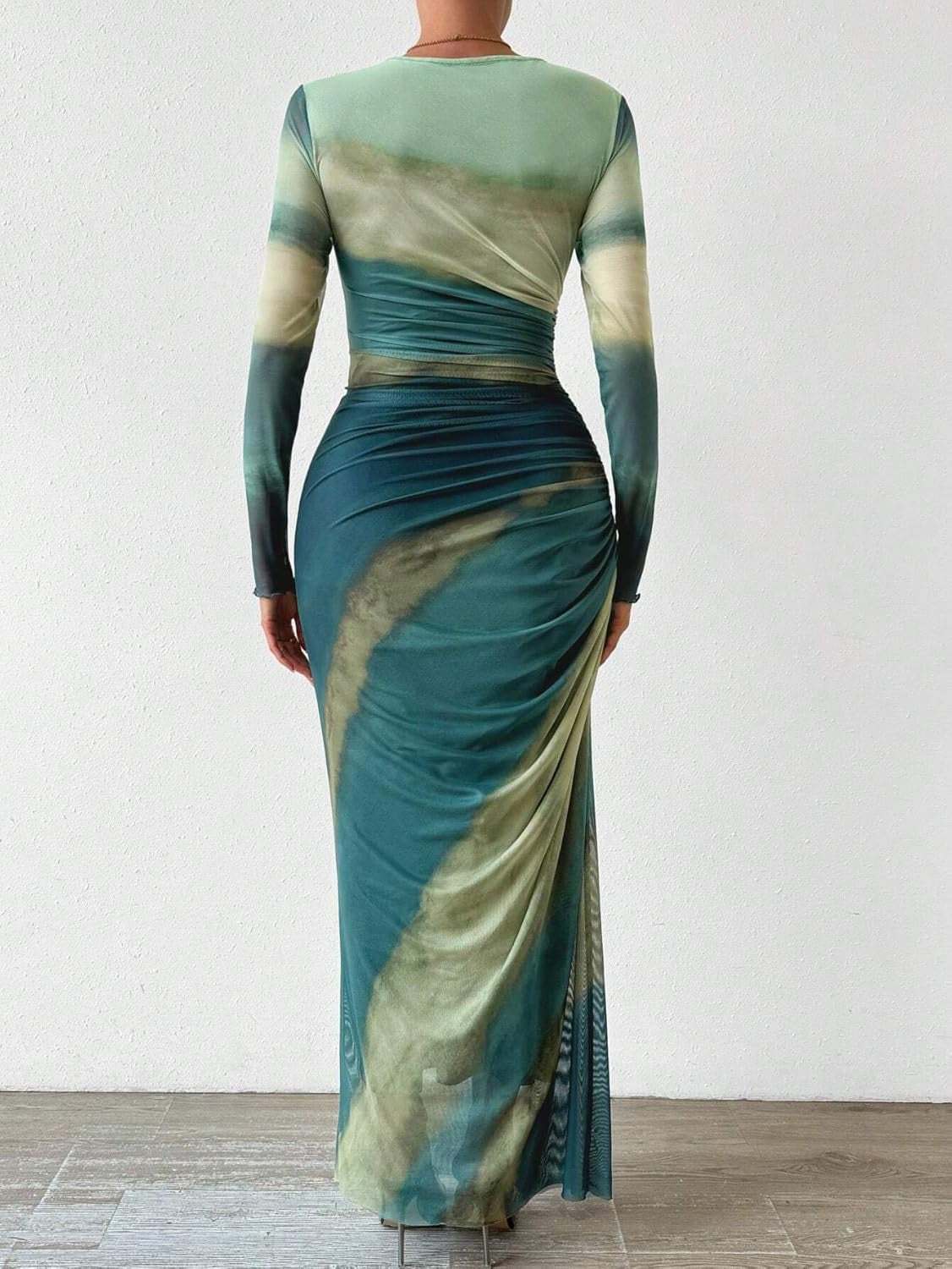 Women Long Sleeve Maxi Dress Bodycon Ruched Formal Slim Fit Tie Dye Dress Formal Mesh Dress