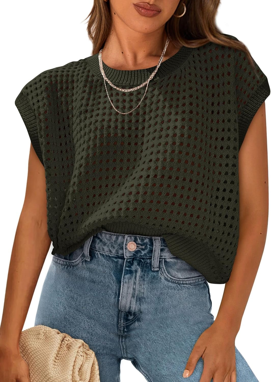 Womens Spring Tops 2026 Summer Shirts Crochet Cap Sleeve Sweater Pullover Cute Beach Vacation Clothes