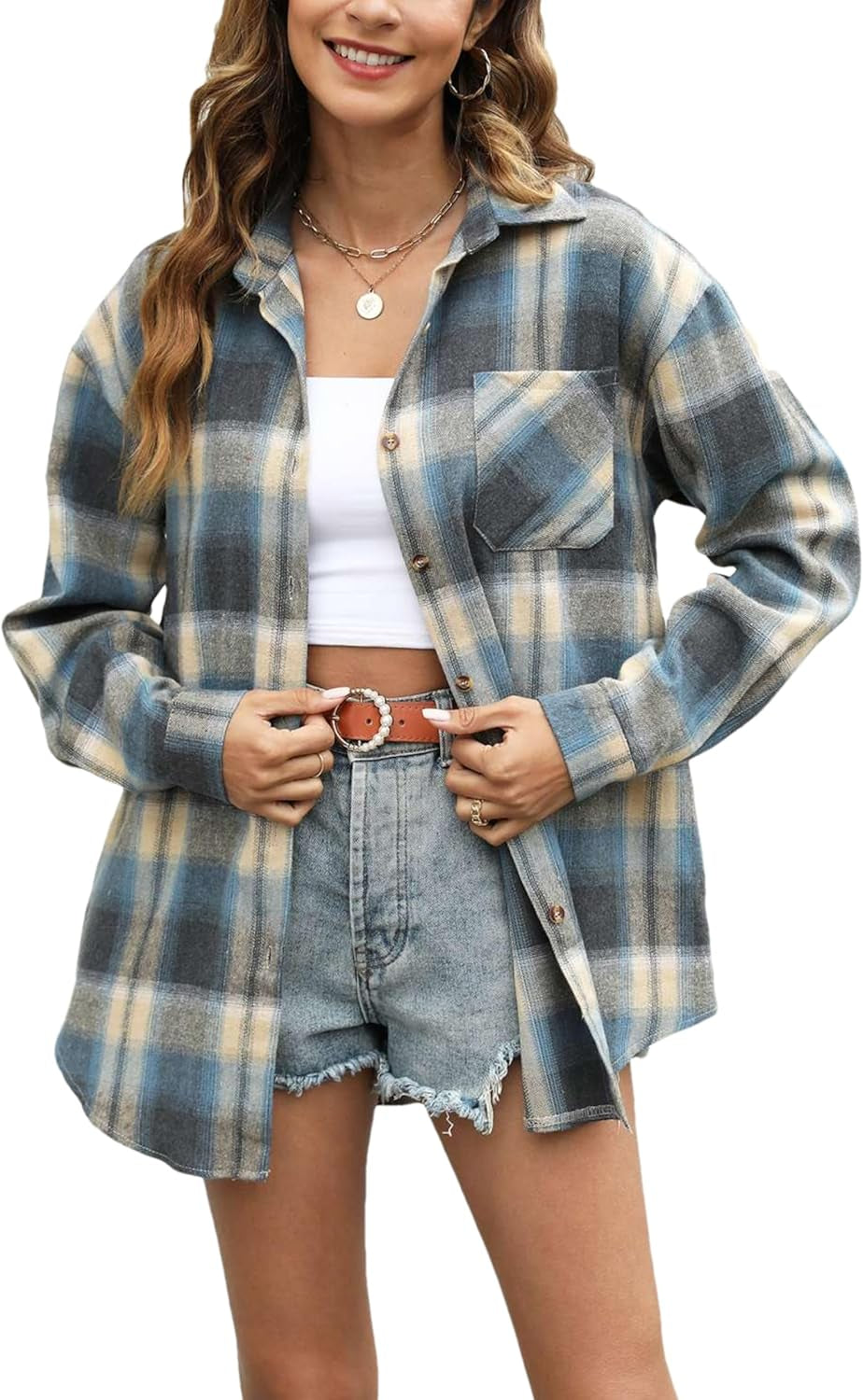 Oversized Flannel Shirt Women Long Sleeve Plaid Button Buffalo Shirt Blouse Tops with One Pocket