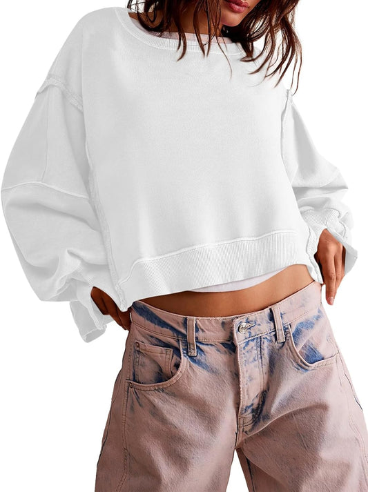 Womens Casual Sweatshirt Long Sleeve Tops Crewneck Loose Fit Tee Pullover Crop Tshirt Side Slit Fall Fashion 2024