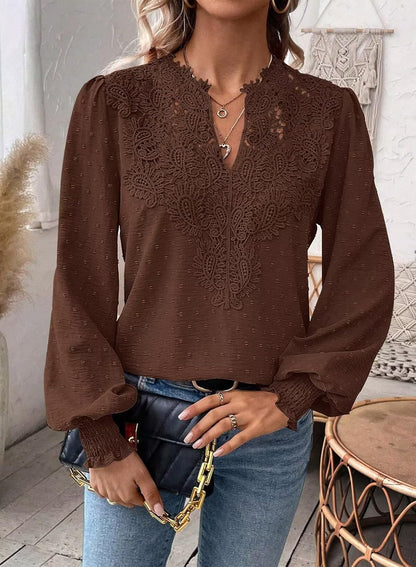 Womens Tops Swiss Dot Boho Long Sleeve Shirts V Neck Casual Chiffon Blouses Flowy Lace Hem Cute Clothing Trendy 2025