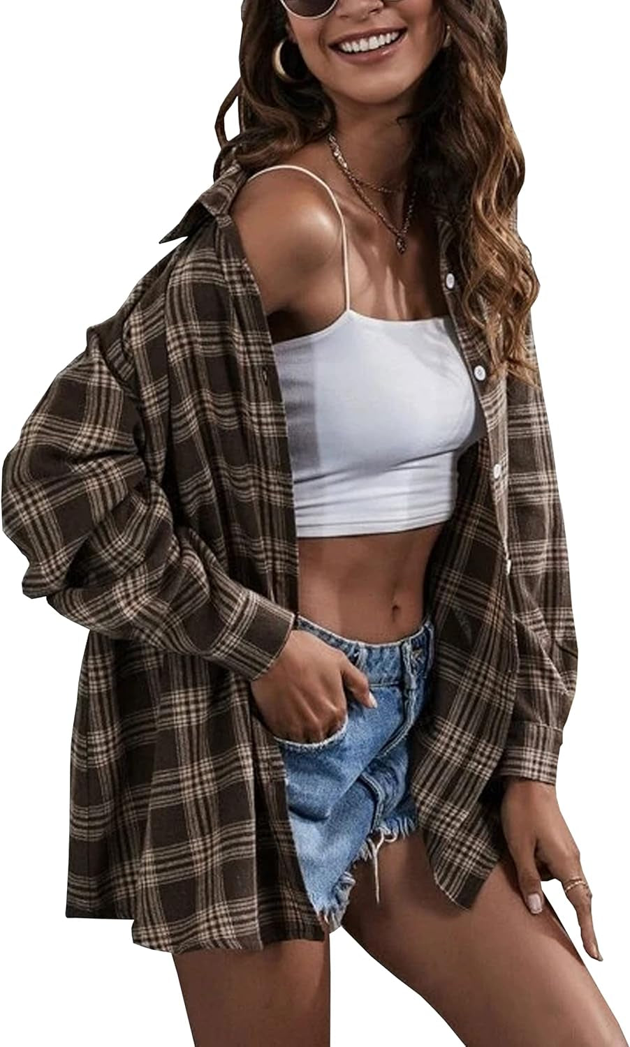 Oversized Flannel Shirt Women Long Sleeve Plaid Button Buffalo Shirt Blouse Tops with One Pocket