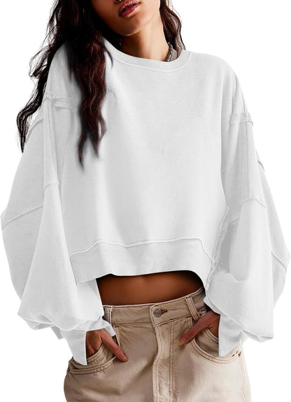 Womens Casual Sweatshirt Long Sleeve Tops Crewneck Loose Fit Tee Pullover Crop Tshirt Side Slit Fall Fashion 2024