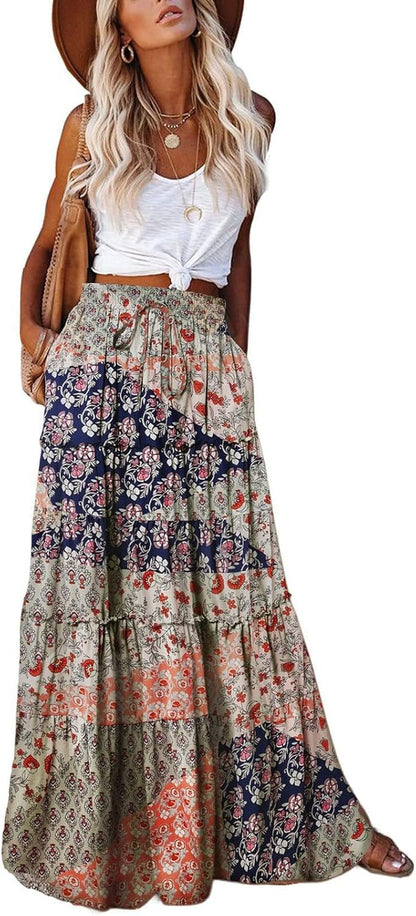 Womens Boho Maxi Skirt 2026 Summer Cruise Casual High Waist Tie Flowy Long Skirt with Pockets for Beach Vacation