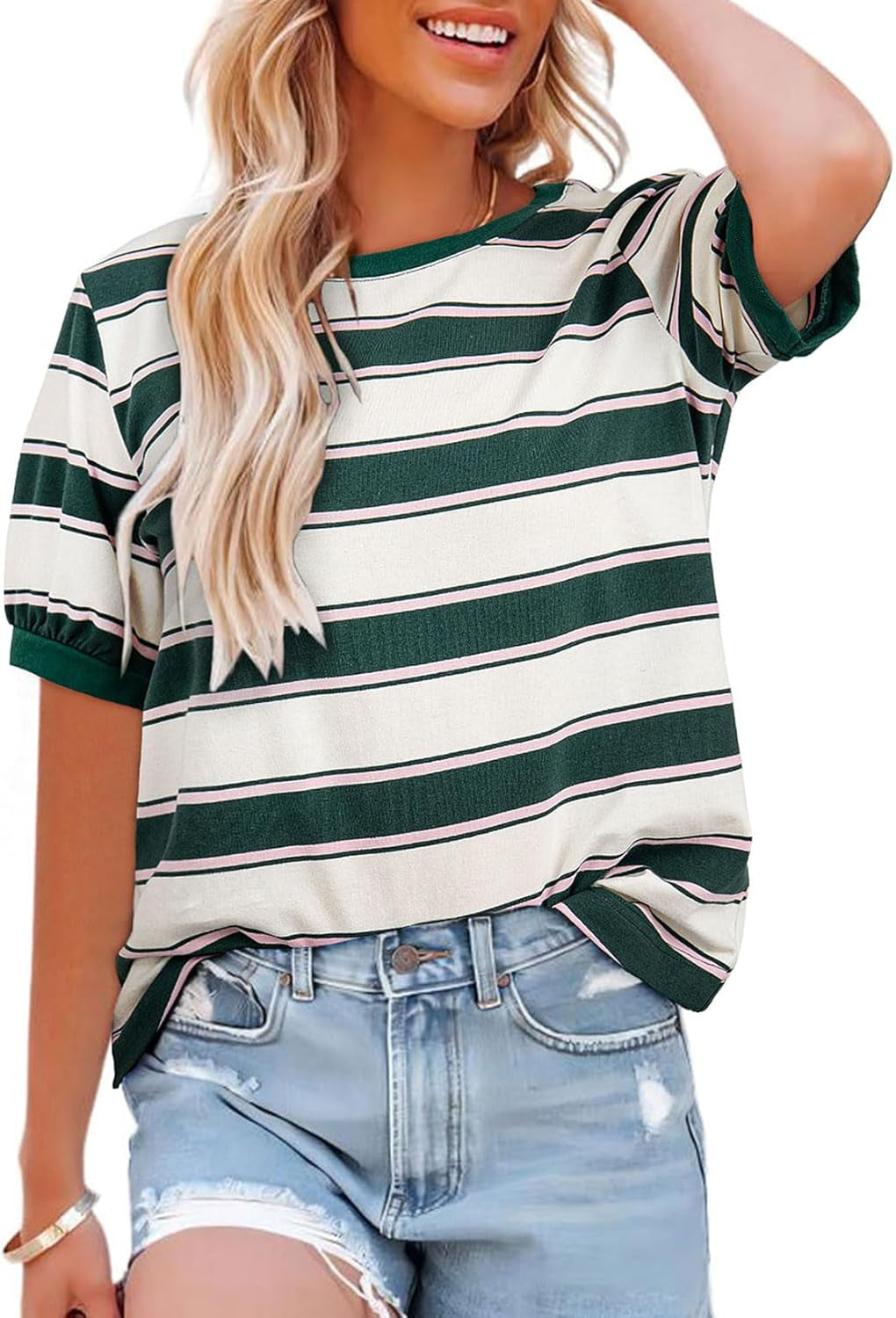 Womens Summer Tops 2025 Striped Color Block Short Sleeve T-Shirts Crewneck Casual Loose Basic Tee Blouses