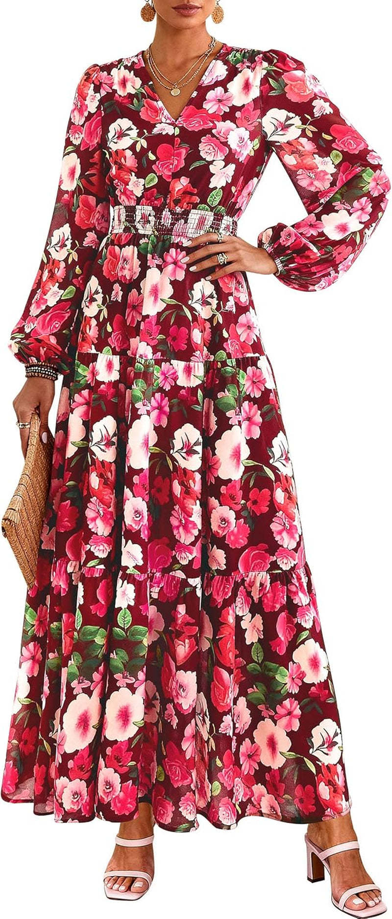 Long Sleeve Maxi Fall Dresses for Women 2026 Vneck Smocked Boho Floral Tiered Swing Flowy Wedding Guest Dress