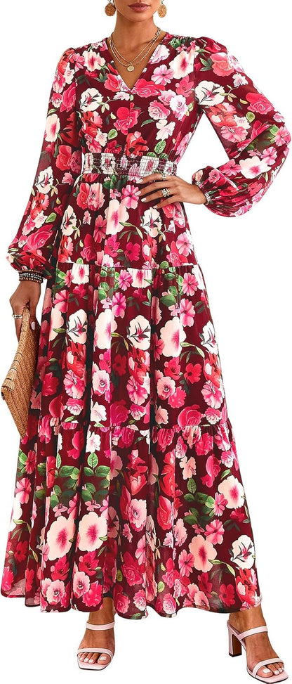 Long Sleeve Maxi Fall Dresses for Women 2026 Vneck Smocked Boho Floral Tiered Swing Flowy Wedding Guest Dress