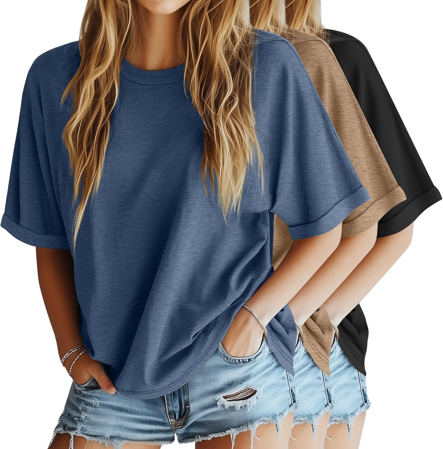 3 Pack Women'S Oversized T-Shirt Half Sleeve Summer Tees Casual Loose Fit Crew Neck Basic Tops