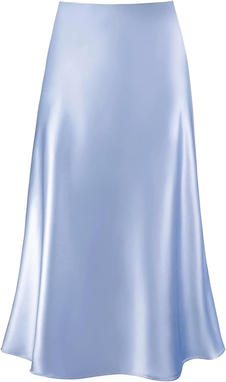 Women'S Satin High Waist Hidden Elasticized Waistband Flared Casual a Line Midi Skirt