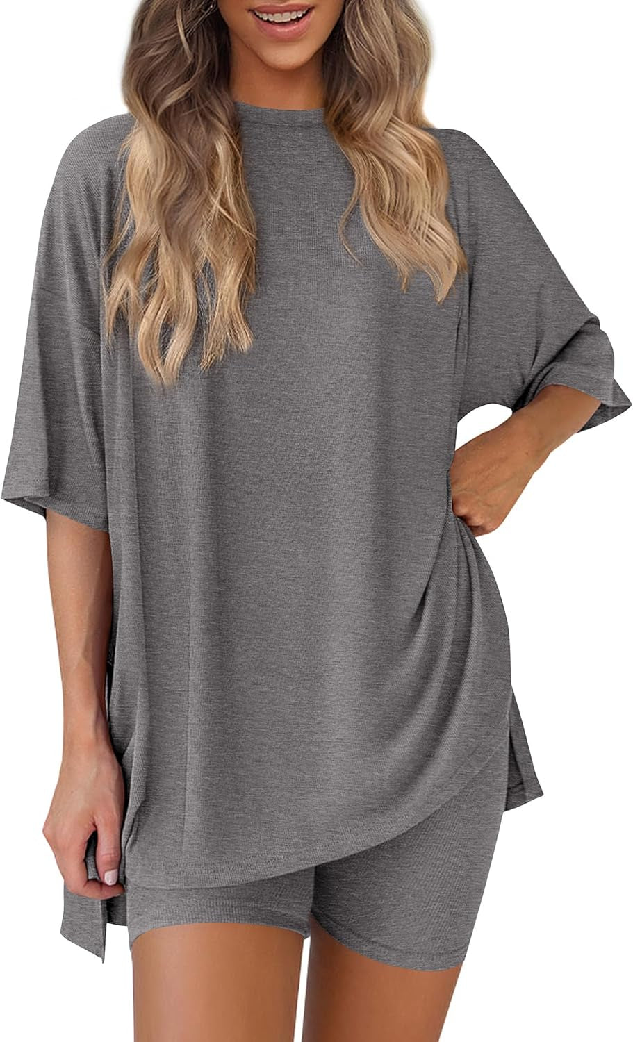 Women 2 Piece Lounge Set 2026 Summer Casual Oversized Shirts Biker Shorts Matching Airport Travel Outfit Clothes