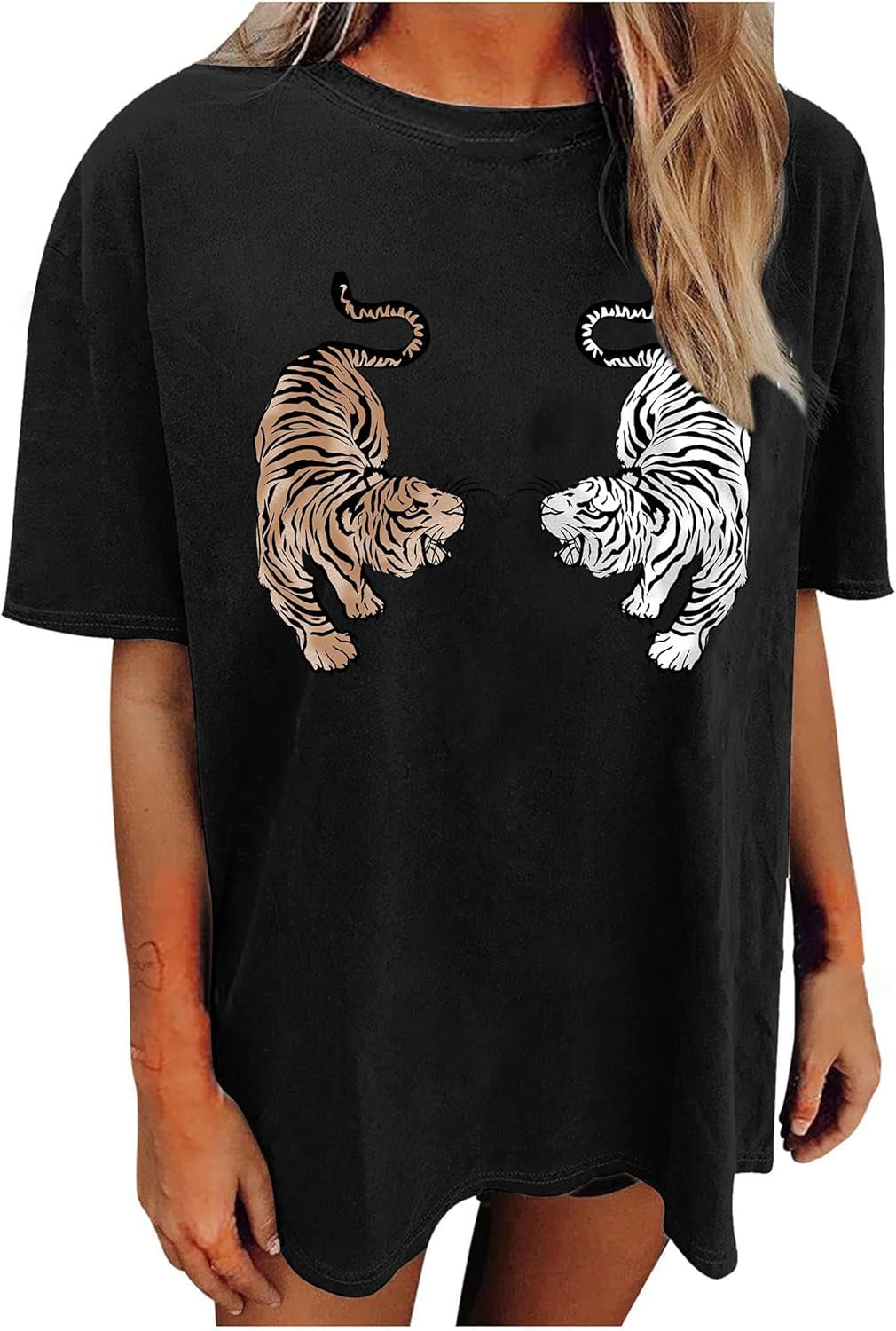 Women Tigers Graphic Oversized Tee Top Short Sleeve Loose Crewneck Summer T-Shirt