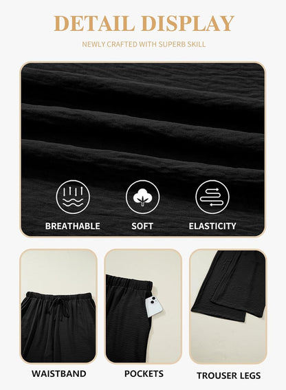 Womens plus Size Pants Summer Elastic High Waist Drawstring Casual Loose Wide Leg Trousers Pants with Pockets(1X-5X)